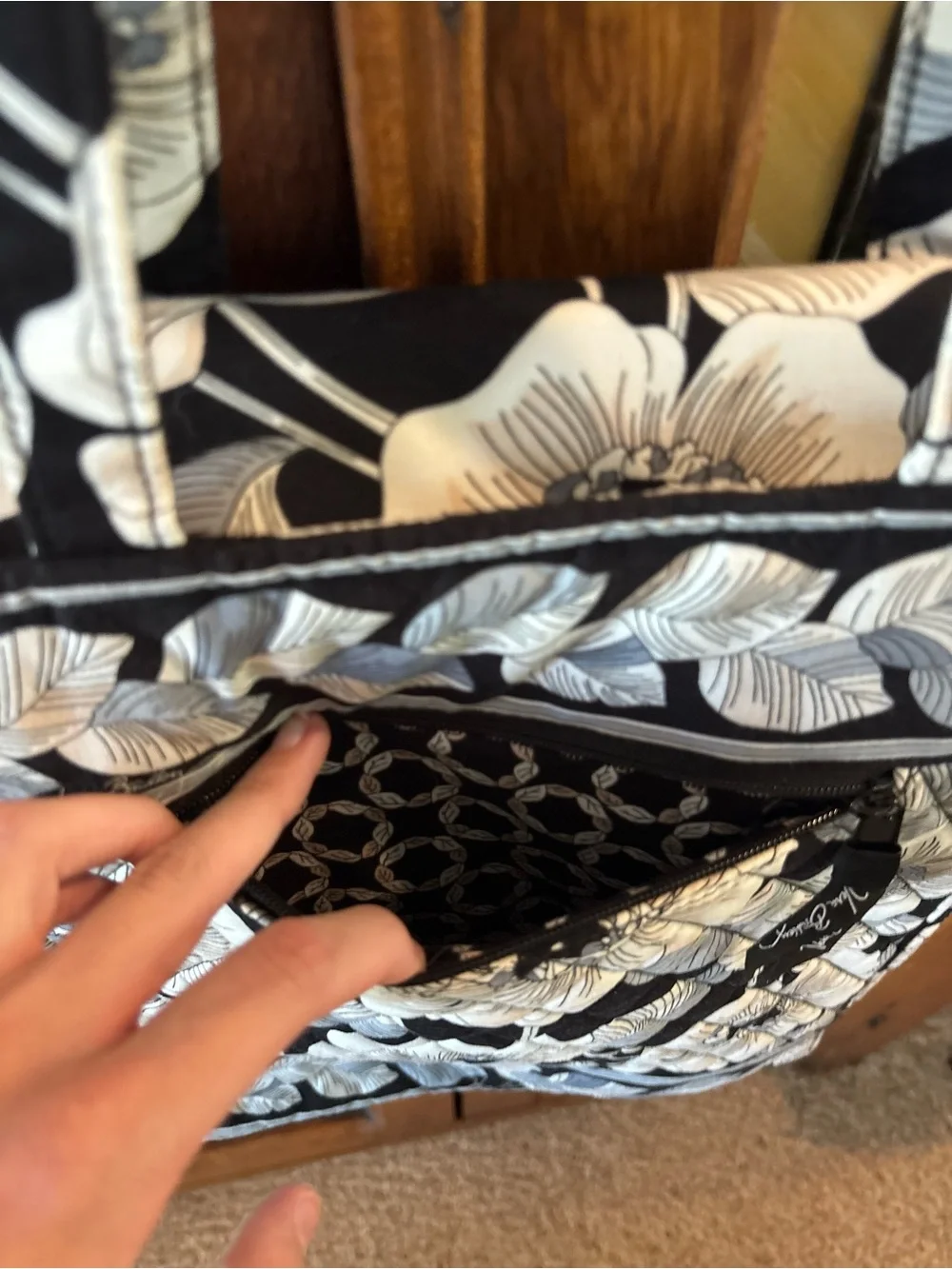 Quilted Floral Computer Tote Bag in Black and White